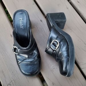 Vintage 90s y2k Mudd‎ Black Faux Vegan Leather Chunky Heel Platform Buckle Mules